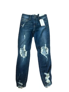 Cello Women's Cropped Skinny Jeans Mid Rise Distressed Ripped Dark Blue Size 5 - Picture 1 of 7