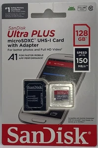 Cartes MicroSDXC UHS-I Sandisk Ultra Plus 128 Go avec adaptateur 150 Mo/s scellées - Photo 1 sur 2