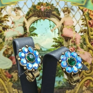 Michal Negrin Clip On Earrings Flowers Made With Blue Swarovski Crystals Gift  - Picture 1 of 12