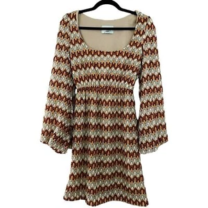 JUDITH MARCH Knit Crochet Brown Neutral Stripe Bubble Sleeve Dress Sz M - Picture 1 of 6