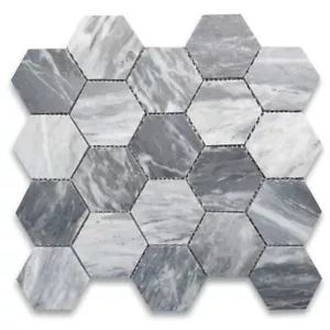K33XH Bardiglio Gray Dark Grey Marble 3 inch Hexagon Mosaic Tile Honed - Picture 1 of 8