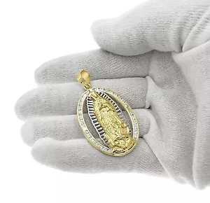 10k Gold Virgin Mary Pendant Lady Guadalupe Charm 2" CZ - Picture 1 of 4