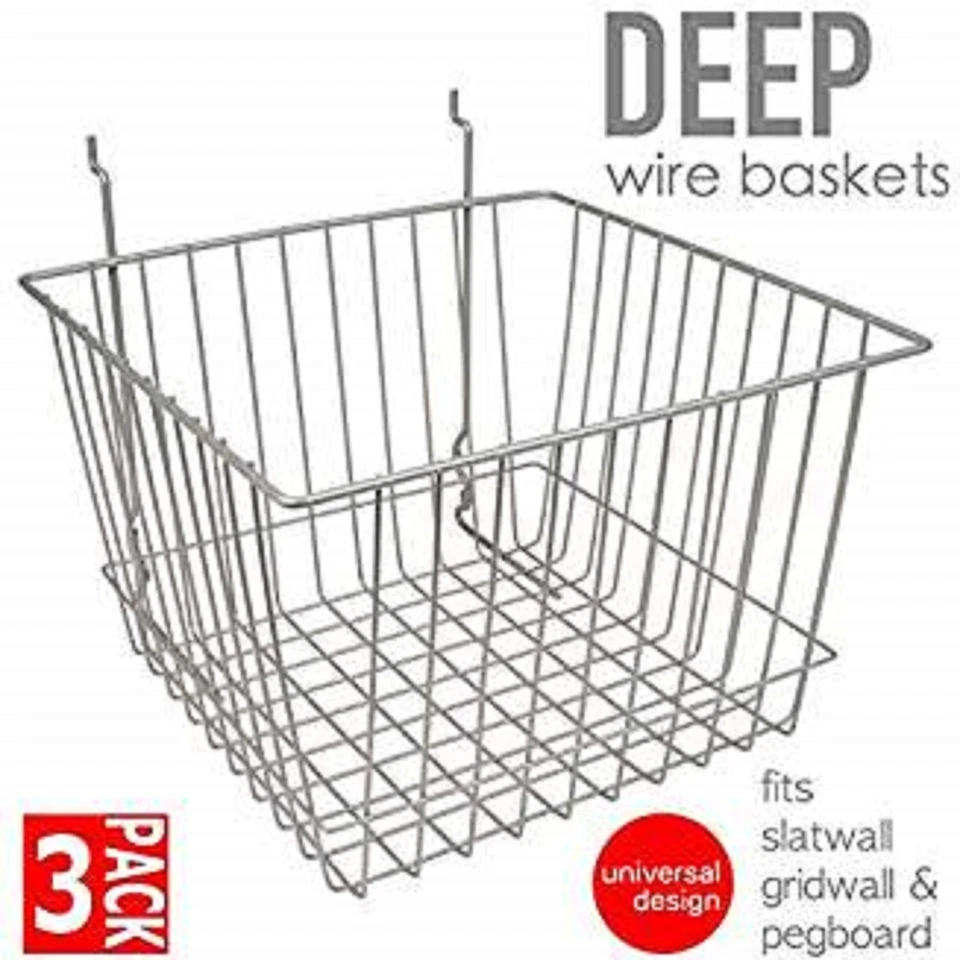 Only Hangers Deep Wire Baskets For Gridwall, Slatwall and Pegboard- Chrome 3pk