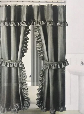 Black Double Swag Fabric Shower Curtain Set, Vinyl Liner and 12 Rolling Rings - Image 1 of 2