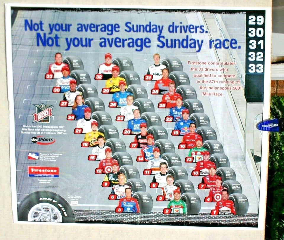 Póster Indy 500 IRL 2003 Firestone a todo color no es tu conductor promedio de domingo Foto 1 de 1