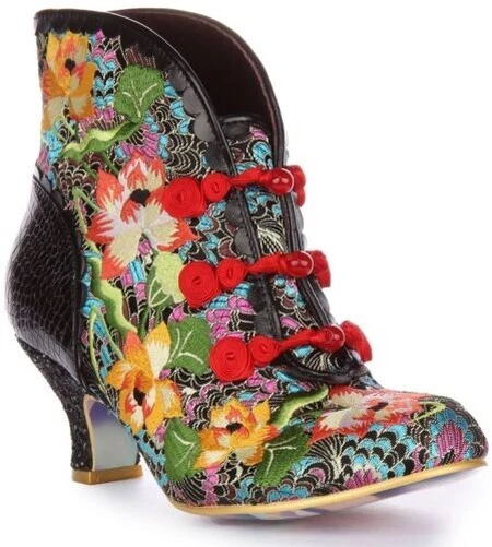 IRREGULAR CHOICE Lotus Eater en Negro Flor Tobillo Tacones Medios Talla UK 3-8 - Imagen 1 de 4