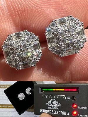 Moissanite 3D Iced 925 Silver Screwback Earrings 10mm Baguette Iced Mens Studs - Image 1 of 4