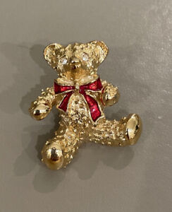 Avon Pin/Brooch- TEDDY BEAR -gold color- red bow- clear rhinestone eyes