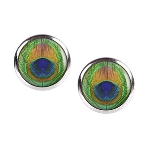 Mylery Stud Earrings Pair with Motif Peacock Peather Colourful Shimmering Silver Various - Picture 1 of 6