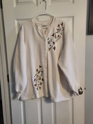 Cárdigan Mujer Blanco Bordado Notas Musicales, Pájaros y Flores BonWorth XL Foto 1 de 4