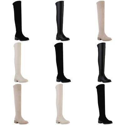 MARKENLOS Damen Leicht Gefütterte Overknees Stiefel Holzoptikabsatz Schuhe 840778 Mode