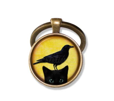 Black Cat Black Bird - Handmade ROUND Glass Pendant KEYCHAIN Key Ring - Image 1 of 3