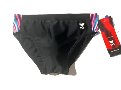 New TYR Mens Blk Racer Swim Suit Brief sz 30 Speedo Style Rainbow Side Panel USA - Image 1 of 4