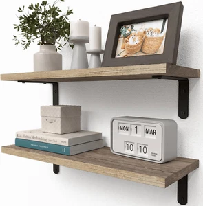 Rustic Wood Shelves Set of 2, Farmhouse Style Floating Shelf for Wall Décor, Han - Picture 1 of 12