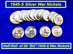 GEM "BU"☷ 1/2 Roll 1945-S Silver War Nickels ☷ 20 Coins ☷ 35% Silver ☷ R645S - Picture 1 of 1