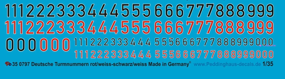 Peddinghaus-Decals 1/35 0797 Tedesco Numeri Torretta Nero/Bianco, Rosso-Bianco - Immagine 1 di 1