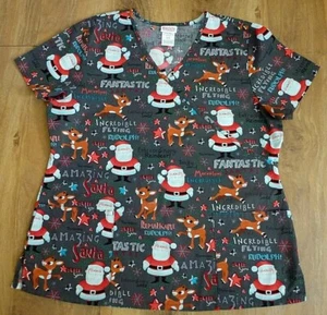 Rudolph Red-Nosed Reindeer Santa Cotton Medical Nursing Scrub Top Women Size L - Picture 1 of 9
