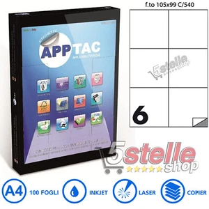 100 FOGLI A4 CARTA ADESIVA 600 ETICHETTE 105x99 mm APPTAC C540 INKJET LASER - Foto 1 di 1