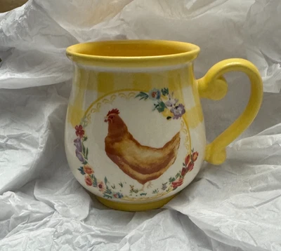 先锋女式石器马克杯黄色格子 16 盎司乡村鸡花卉新品 — 第 1/4 张图片