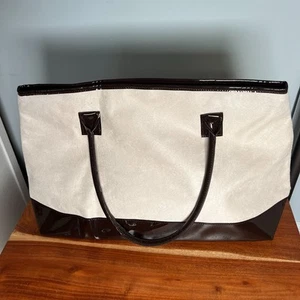 Womens Estee Lauder Tote Bag Faux Patent Leather/Suede 21x11x6 Deep Brown/White - Picture 1 of 11