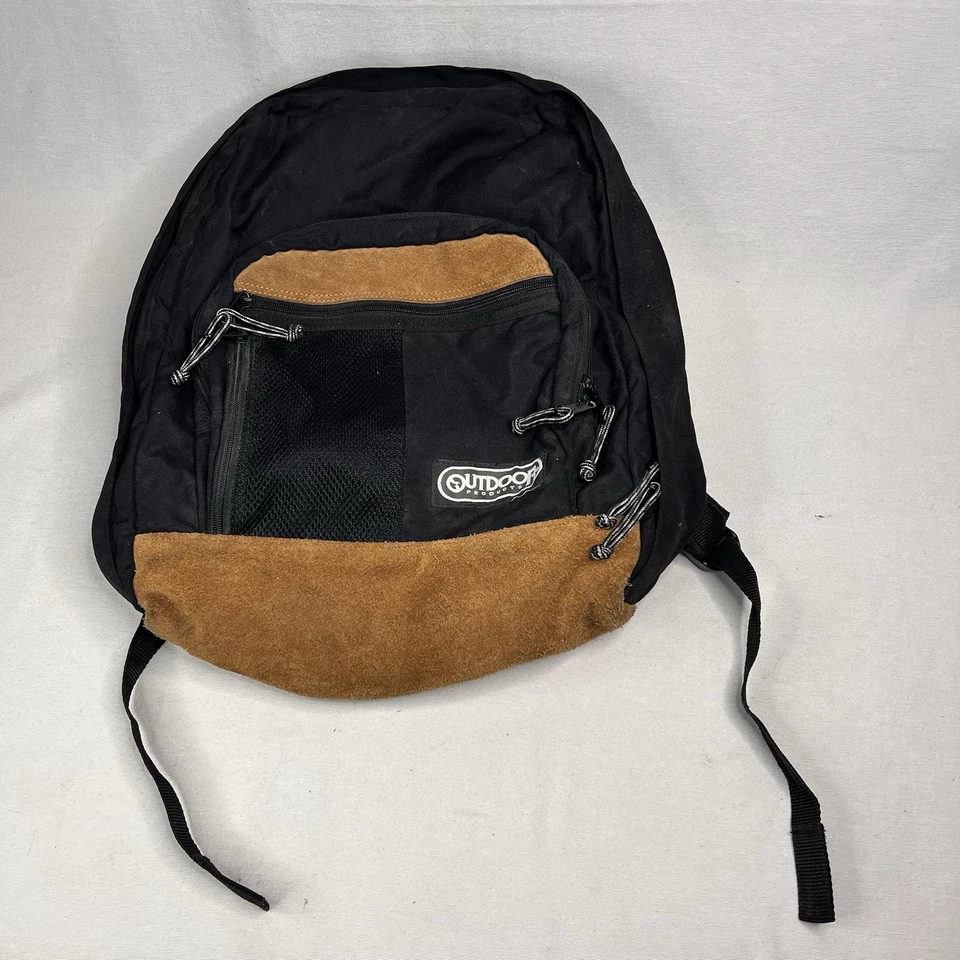Mochila Outdoor Products Negra con Parte Inferior de Cuero Gamuza Tostada Multi Bolsillos Foto 1 de 4