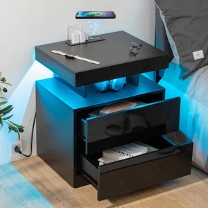 LED Nightstand with Wireless Charging Station & USB Ports High Gloss Bedside ... - Picture 1 of 8