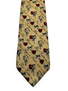 Corbata de seda Bobachris amarilla Cupido y corazón hecha en EE. UU. vintage - Imagen 1 de 6