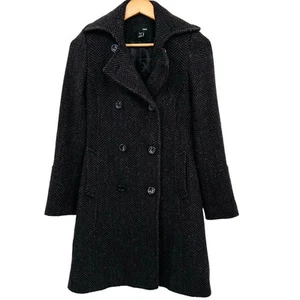 H&M Tweed Wool Blend Peacoat Coat Womens Size 4 Brown Black Herringbone - Picture 1 of 13