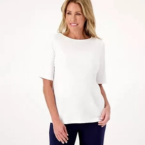 Top Susan Graver Essentials tejido líquido cuello barco blanco talla grande - Imagen 1 de 7