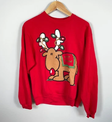 90 年代圣诞驯鹿运动衫成人大号红色双面水果织机标签 — 第 1/4 张图片
