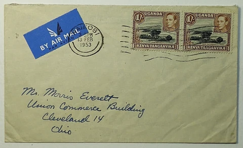 1953 KUT Uganda Pair Lake Naivasha Airmail Cover Nirobi to Cleveland Ohio Cover