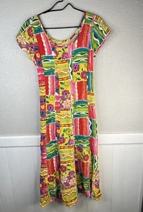 Vintage Jams World Kleid bunt Tie Back Damen M Blumen Aloha Hawaii Midi Urlaub - Bild 1 von 12