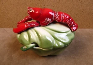 RARE! VINTAGE BRAD KEELER ARTWARES LOBSTER HAND DECORATED CONDIMENT BOWL W SPOON - Picture 1 of 18