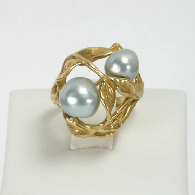  Vintage 14k Yellow Gold Double Gray Pearl Leaf Design Cocktail Ring Sz 7 - Imagem 1 de 4