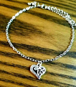 Silver Heart Anklet, Silver Ankle Bracelet, Heart Jewelry, Womens Anklets - Picture 1 of 6