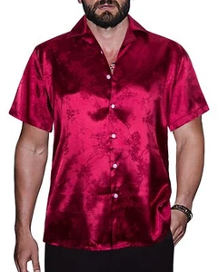 Men Satin Shirt Shiny Short Sleeve Floral Button Down Jacquard Dress Summer S... - Picture 1 of 6