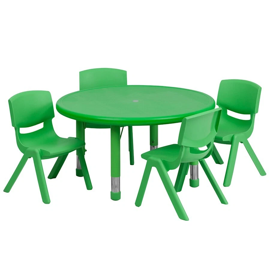 Juego de mesa de actividades Flash 33" redonda ajustable de plástico verde con 4 sillas escolares apilables Foto 1 de 1
