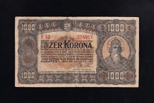 F.C. HUNGRIA HUNGARY , 1000 CORONAS 1923 , B/C ( FINE ) , SUCIO , P.75b . - Imagen 1 de 2
