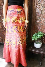 Boho Hippy Wrapskirt Red Yellow Tribal Print Cotton Summer Maxi Skirts Onesize