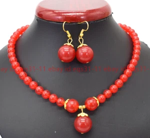 Wonderful 6mm Red Jade Round Gemstone Beads Necklace18'' Earrings Set - Picture 1 of 15