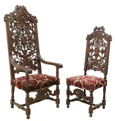 Antique Chairs, Highback, (2) Spanish,  Highly Carved, Upholstered, 1800s! - Image 1 of 4