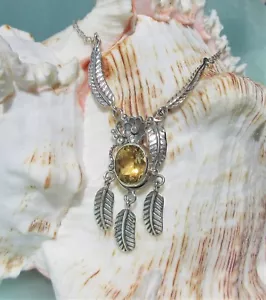 KX Collier Collana Piuma Fiore Argento Sterling 925 Citrino Giallo - Foto 1 di 7