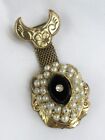 Antique Etched Gold Filled Metal Onyx Seed Pearl Mourning Dangling Brooch Pin
