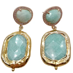 gold plated gemetric Natural Green Amazonite Rectangle   Dangle Stud Earrings - Picture 1 of 7