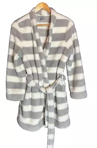 Aerie Ivory Gray Striped Plush Soft Fuzzy Sherpa Fleece Short Bathrobe M/L - Picture 1 of 6