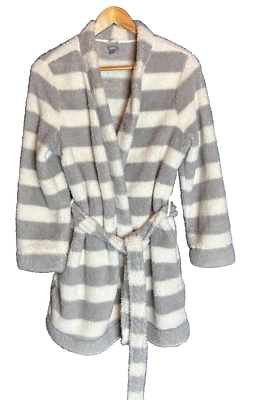 Aerie Ivory Gray Striped Plush Soft Fuzzy Sherpa Fleece Short Bathrobe M/L - Image 1 of 4