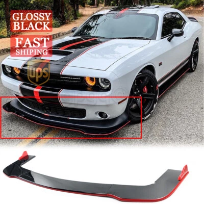 Divisor de labios de parachoques delantero negro brillante con línea roja para Dodge Challenger SRT 12-22 Foto 1 de 4