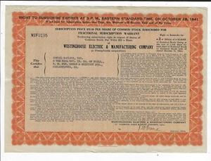 1941, Westinghouse Electric & Manufacturing Company Warrant Stock Certificate  - Picture 1 of 2