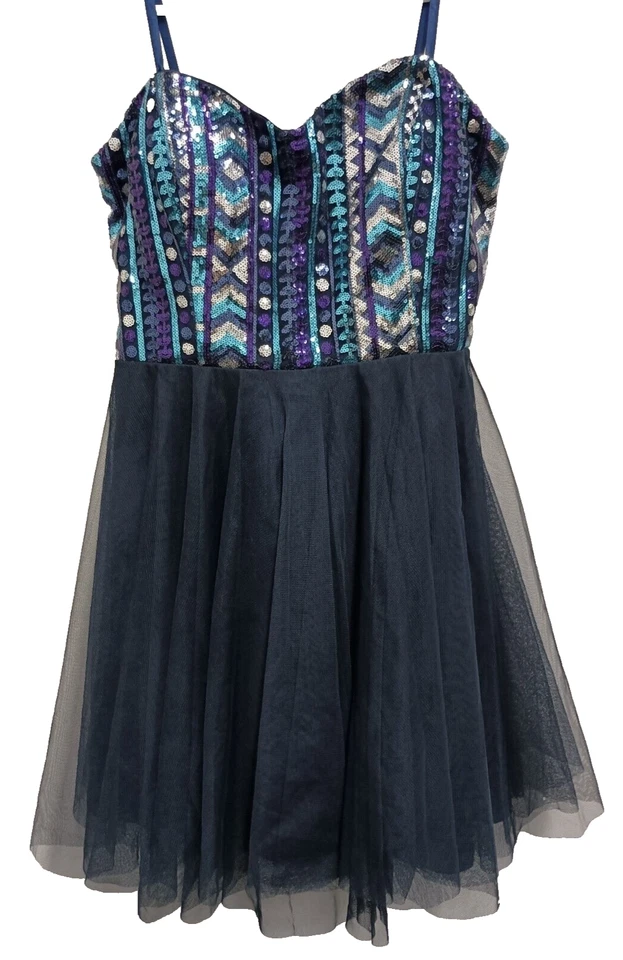 Vestido de Colección Y2K Nights By Teeze Me Para Mujer Sin Tirantes Talla 11 Azul Marino Lentejuelas Corsé Tul Foto 1 de 4