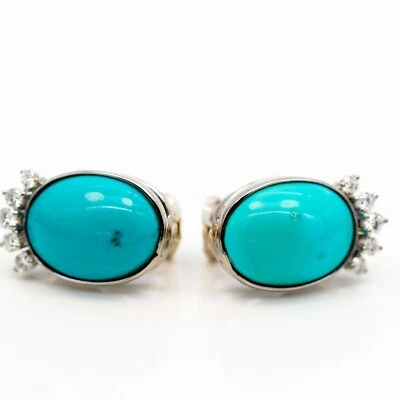 Pendientes 585/14K Oro Blanco 2 Turquesa 10 Diamantes Aprox. 0,30ct Tw / Vs - Imagen 1 de 2